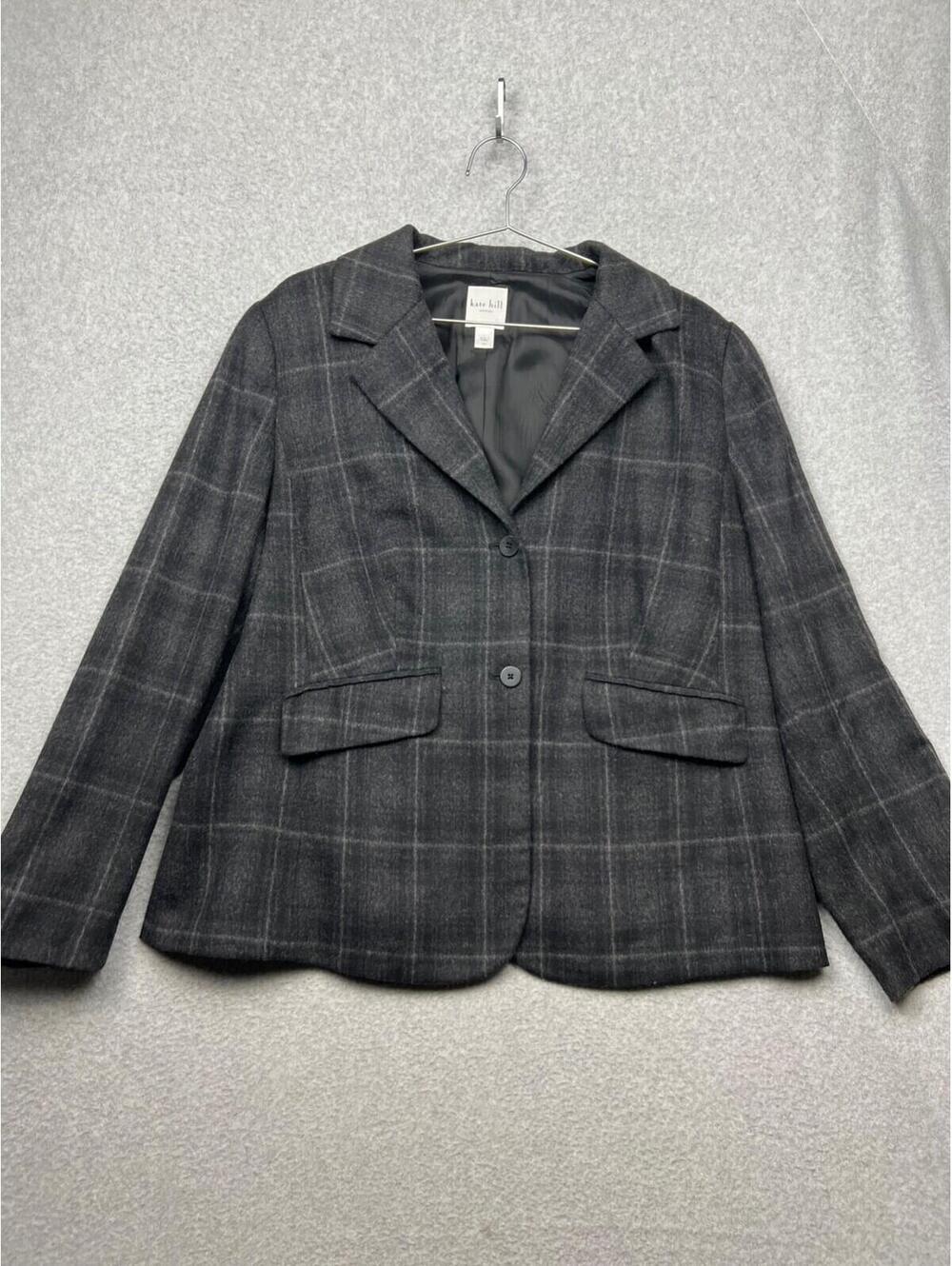 Kate Hill Woman Gray Plaid Long Sleeve Lined Wool Shoulder Pad Blazer 14W *